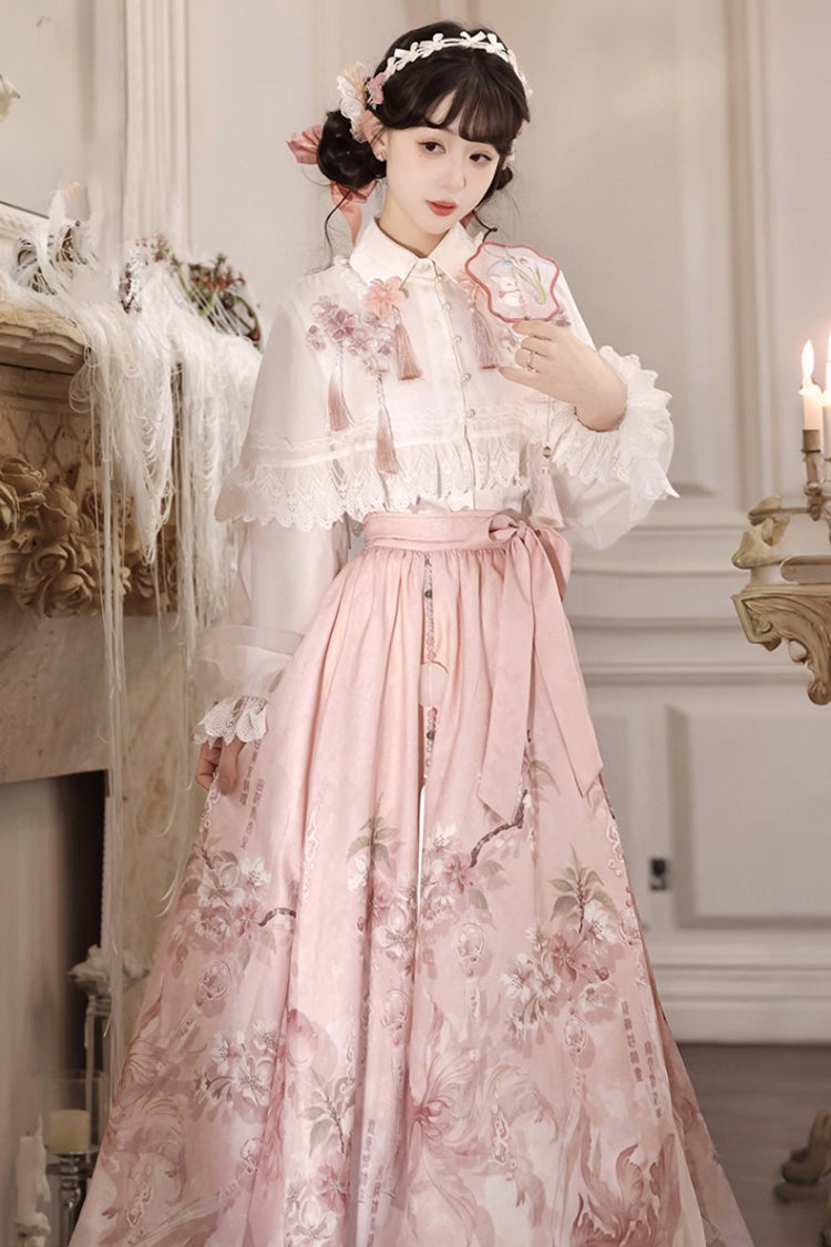 White/Pink [Cherry Blossom Rain] Lapel Collar Long Sleeves High Waisted Printed Women's Sweet Hanfu Dress Set - Product - 4