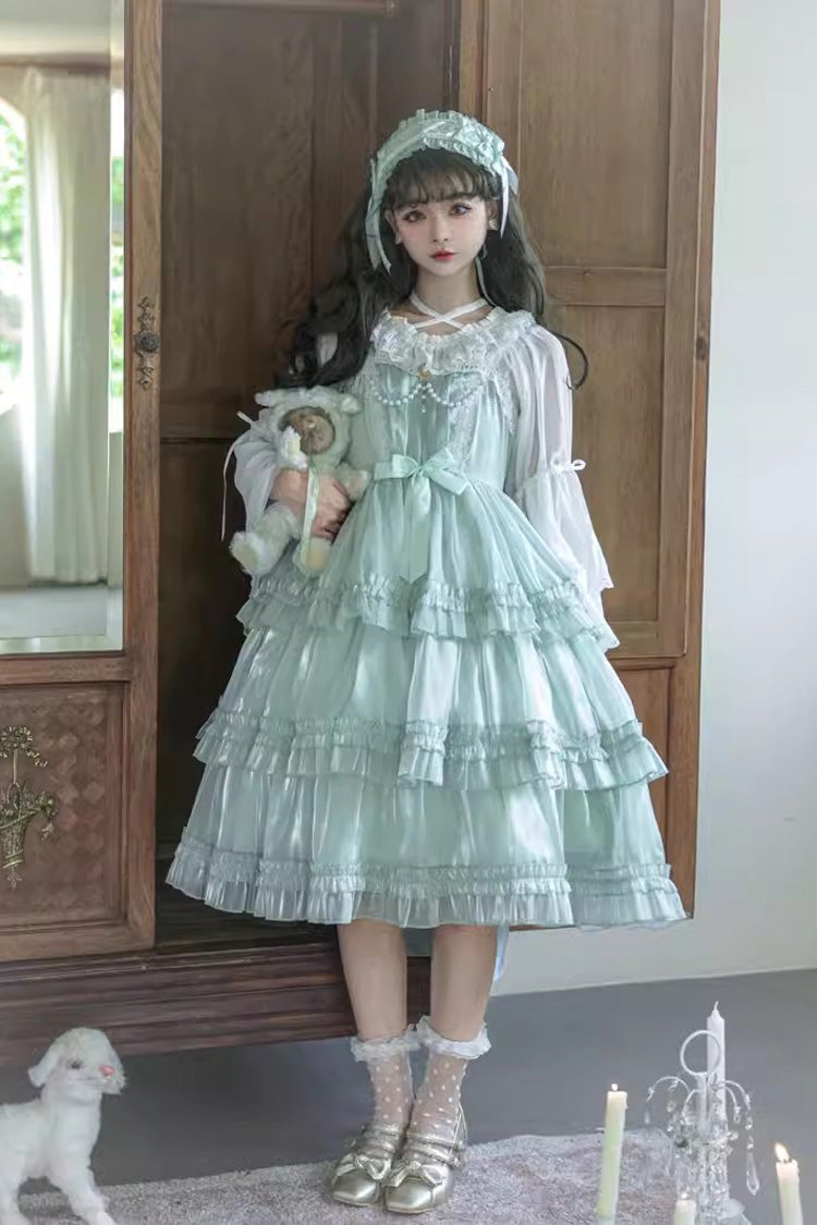 Green Starry Gauze Love Song Three-Tiered Ruffle Bowknot Sweet Lolita Tiered JSK Dress - Product - 4