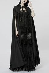 Black Mesh Lapel Collar Lace Jacquard Womens Gothic Cloak - Black - 1