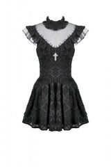 Black Ruffled Mock Neck Floral Cross Lace Splice Sheer Mesh Sleeveless Lace-Up Women's Gothic Dress - Product - 3