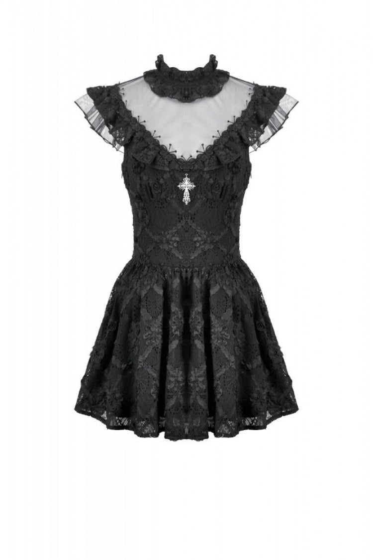 Black Ruffled Mock Neck Floral Cross Lace Splice Sheer Mesh Sleeveless Lace-Up Women's Gothic Dress - Product - 3