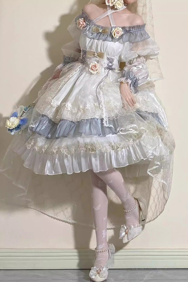 Grey/Blue [Spring of Boliya] Long Sleeves Multi-Layered Ruffle Bowknot Lace Lace-Up Sweet Princess Lolita Dress - Product - 7