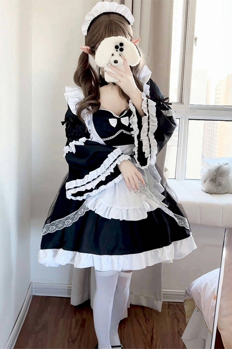Black/White Maid Long Hime Sleeves Ruffle Bowknot Sweet Plus Size Lolita Dress Full Set - Product - 5