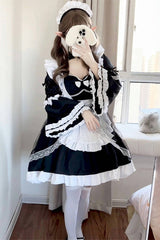 Black/White Maid Long Hime Sleeves Ruffle Bowknot Sweet Plus Size Lolita Dress Full Set - Product - 5
