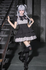 Black Square Collar Off Shoulder Short Sleeves Triple-Layered Bow Vintage Cool Lolita Dress - Product - 3