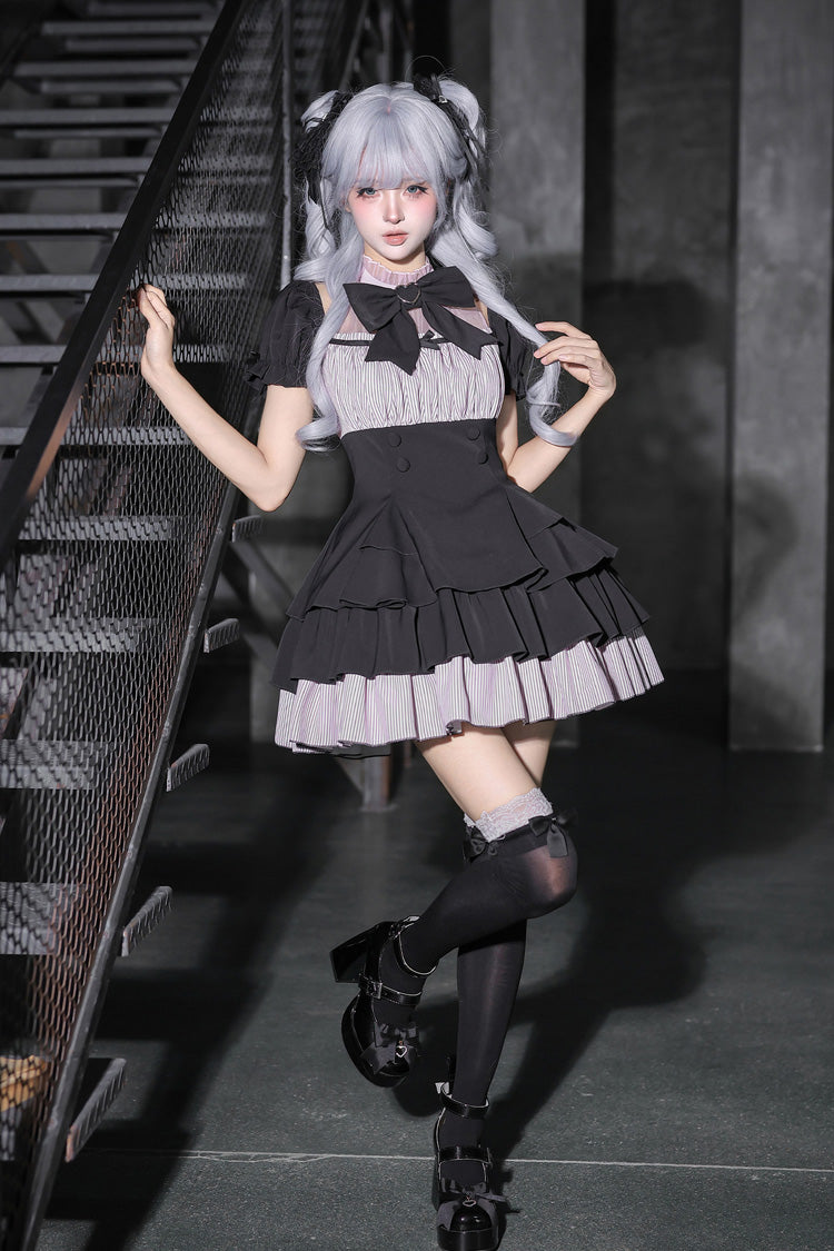 Black Square Collar Off Shoulder Short Sleeves Triple-Layered Bow Vintage Cool Lolita Dress - Product - 3