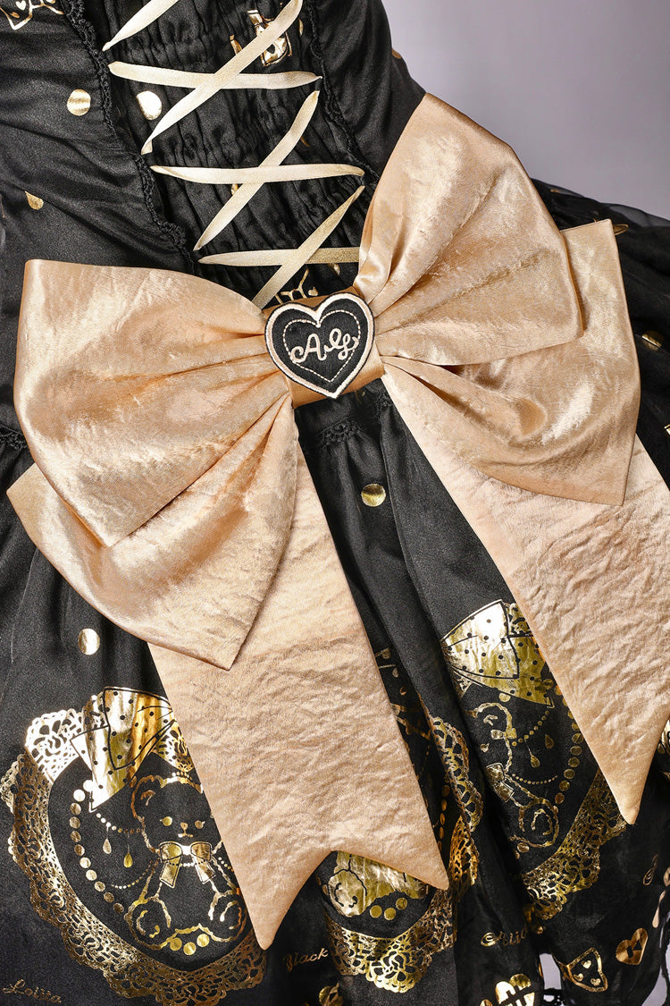 Black/Gold [Sugar Bear] Jacquard Ruffled Bow Lace Sweet Classic Lolita Dress 2 Versions - Product - 14