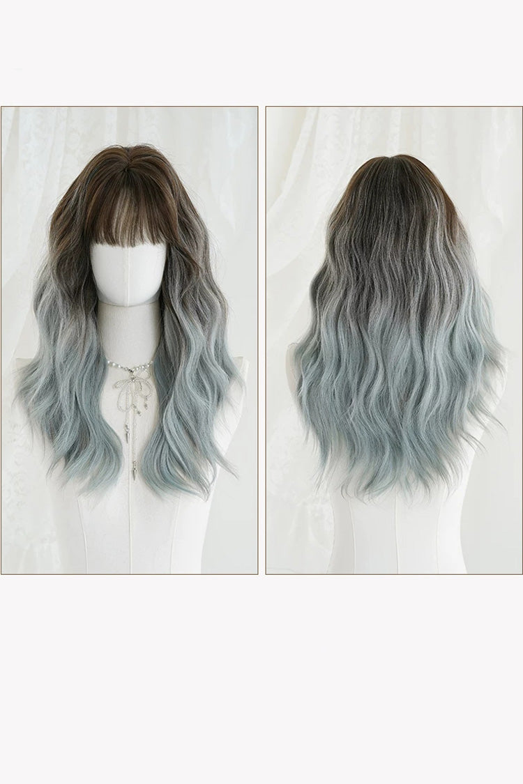 Brown to Mint Blue Ombre Romantic Air Bangs Fluffy Big Curly Sweet Lolita Full Wig - Product - 6