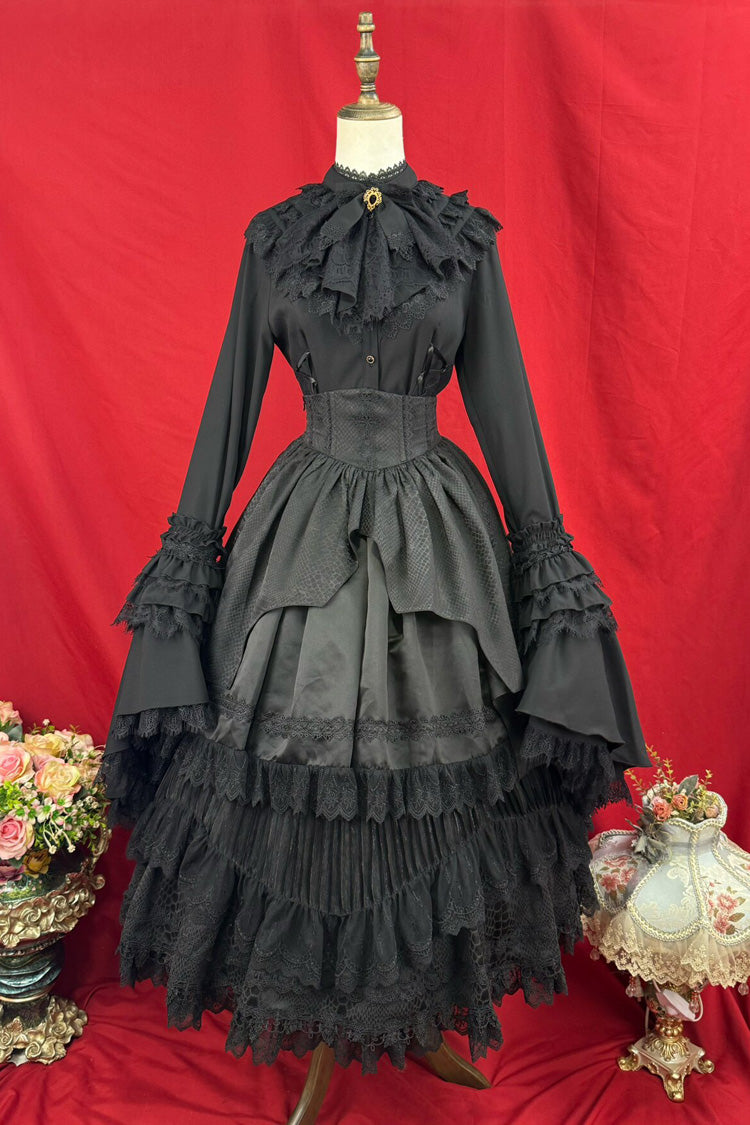 Black [Immortality Taboo] Multi-Layered Ruffled Open-Front Lace Elegant Gorgeous Gothic Lolita Skirt - Product - 5