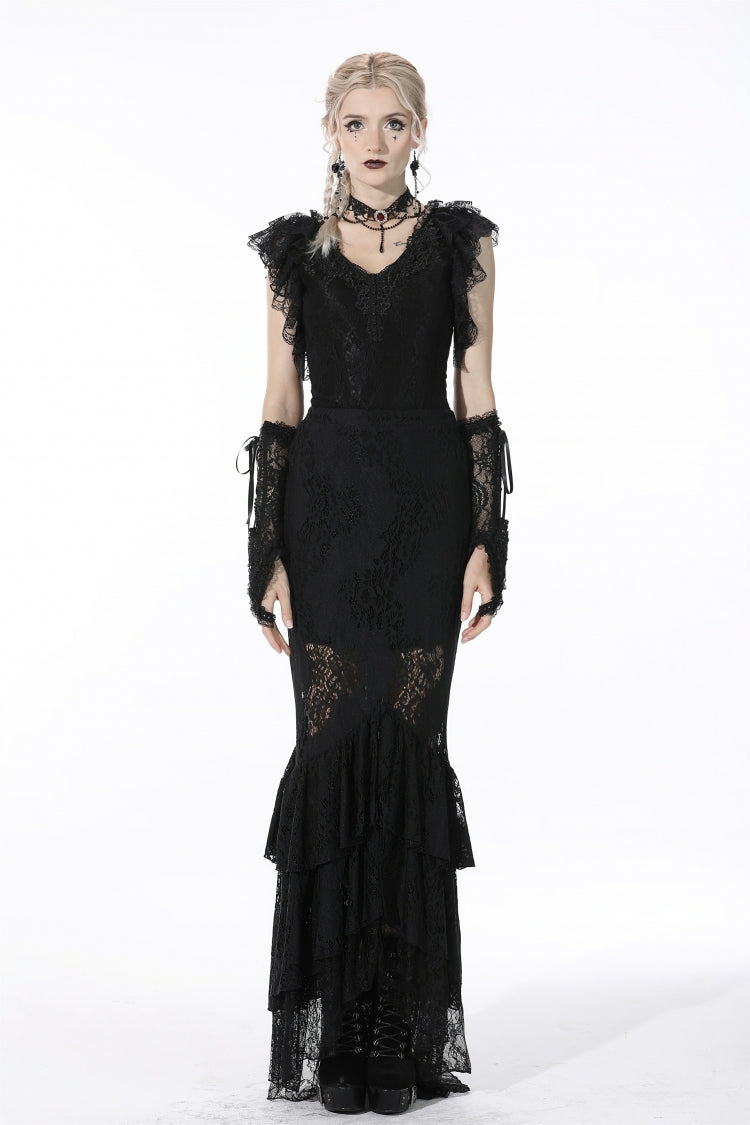 Black Plunging V Collar Short Sleeves Ruffled Lace Sexy Women's Gothic Crop Top - Product - 9