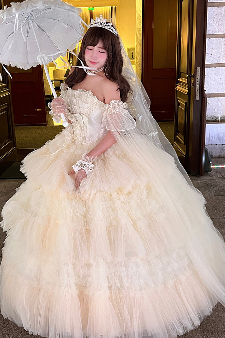 White [Maiden’s Love] Off Shoulder Triple-Layered Ruffled Hanayome Bow Lace Sweet Princess Lolita Dress - Product - 3