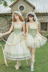 Green Square Collar Sleeveless Multi-Layered Ruffled Bow Lace Fishbone Sweet Lolita Jsk Dress 2 Versions - Product - 4