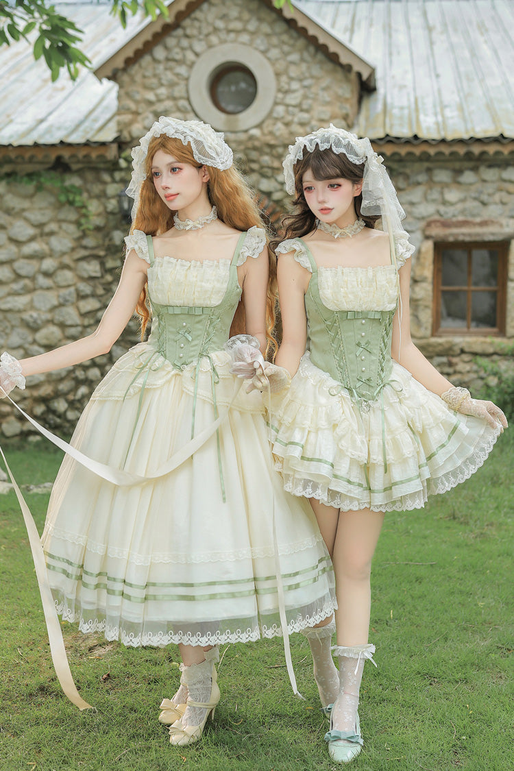 Green Square Collar Sleeveless Multi-Layered Ruffled Bow Lace Fishbone Sweet Lolita Jsk Dress 2 Versions - Product - 4