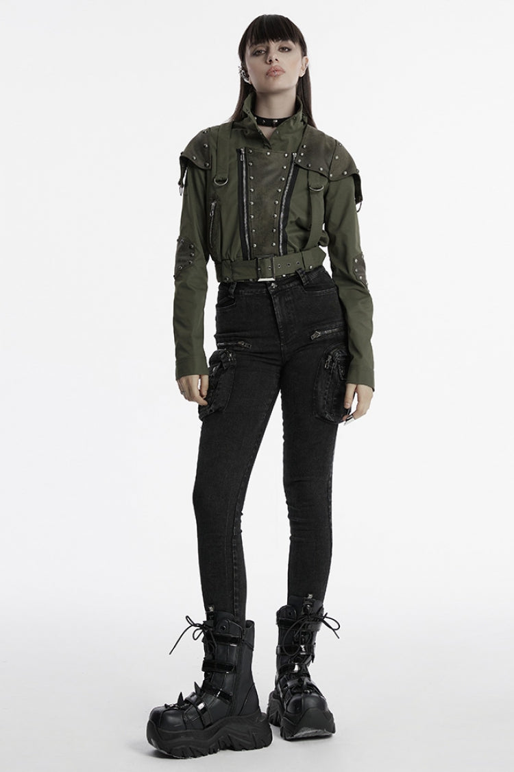 Green Stand Collar Long Sleeves Stitching Faux Leather Women's Gothic Military Jacket - Product - 4