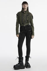 Green Stand Collar Long Sleeves Stitching Faux Leather Women's Gothic Military Jacket - Product - 4