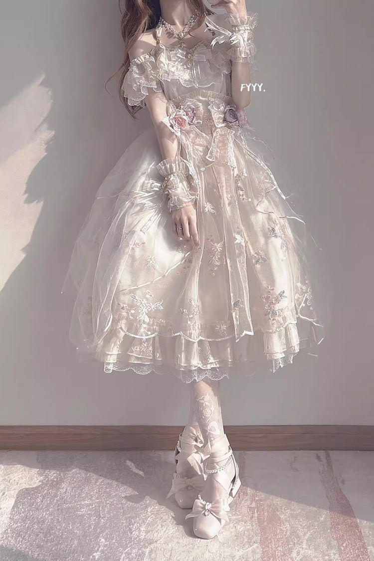 Ivory Short Sleeves Multi-layer Hanayome Bowknot Princess Gorgeous Sweet Lolita Strapless Dress Set - Product - 4