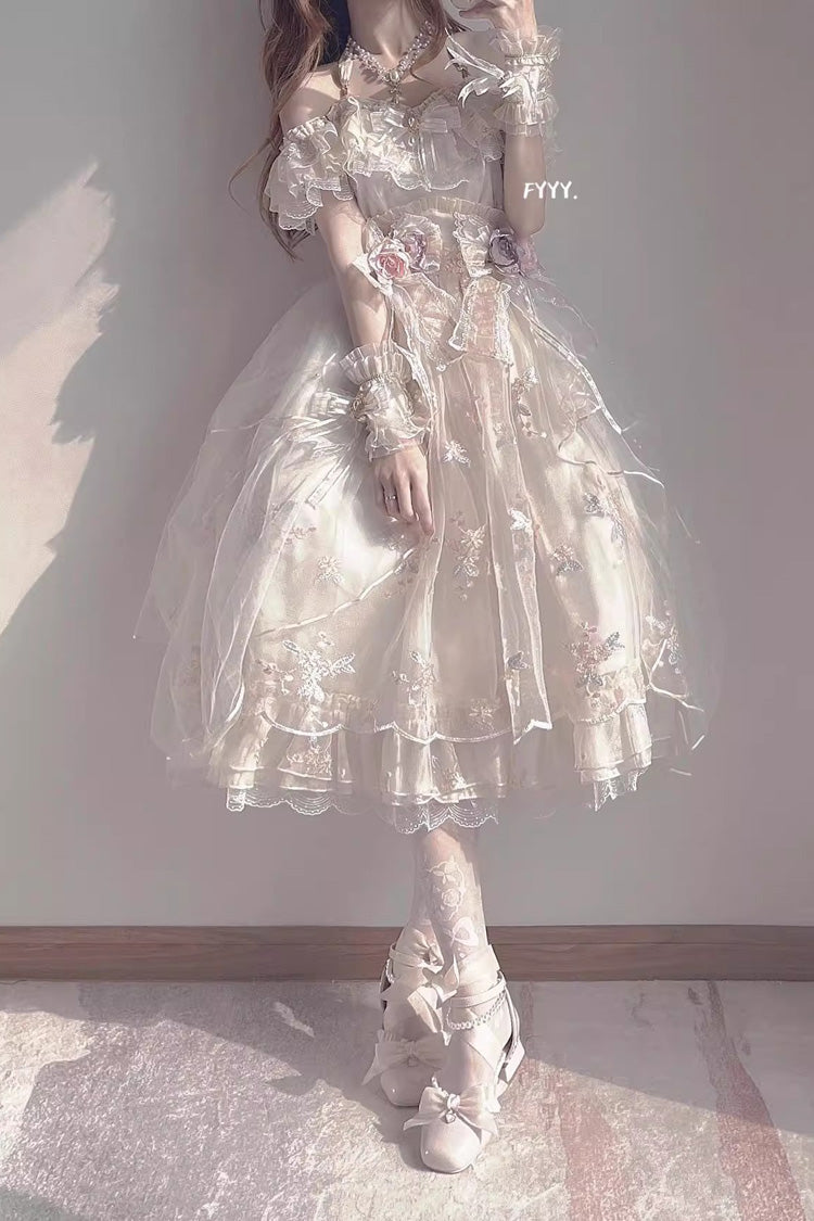 Ivory Short Sleeves Multi-layer Hanayome Bowknot Princess Gorgeous Sweet Lolita Strapless Dress Set - Product - 4