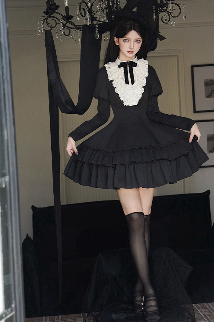 Black [Miss Weir] Stand Collar Long Sleeves Double-Layered Ruffle Gothic Lolita Dress - Product - 10