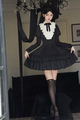 Black [Miss Weir] Stand Collar Long Sleeves Double-Layered Ruffle Gothic Lolita Dress - Product - 10