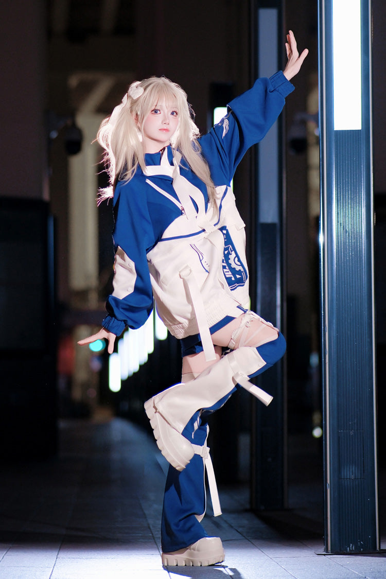 White/Blue [Zero-Type Transformation] Techwear Long Sleeves Embroidered Hooded Punk Jirai Kei Shorts Coat Set - Product - 9