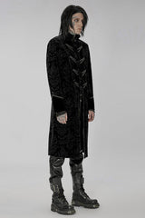 Black Punk Weft Velveteen Print Splicing Stand Collar Lacework Decorate Long Men's Coat - Product - 2