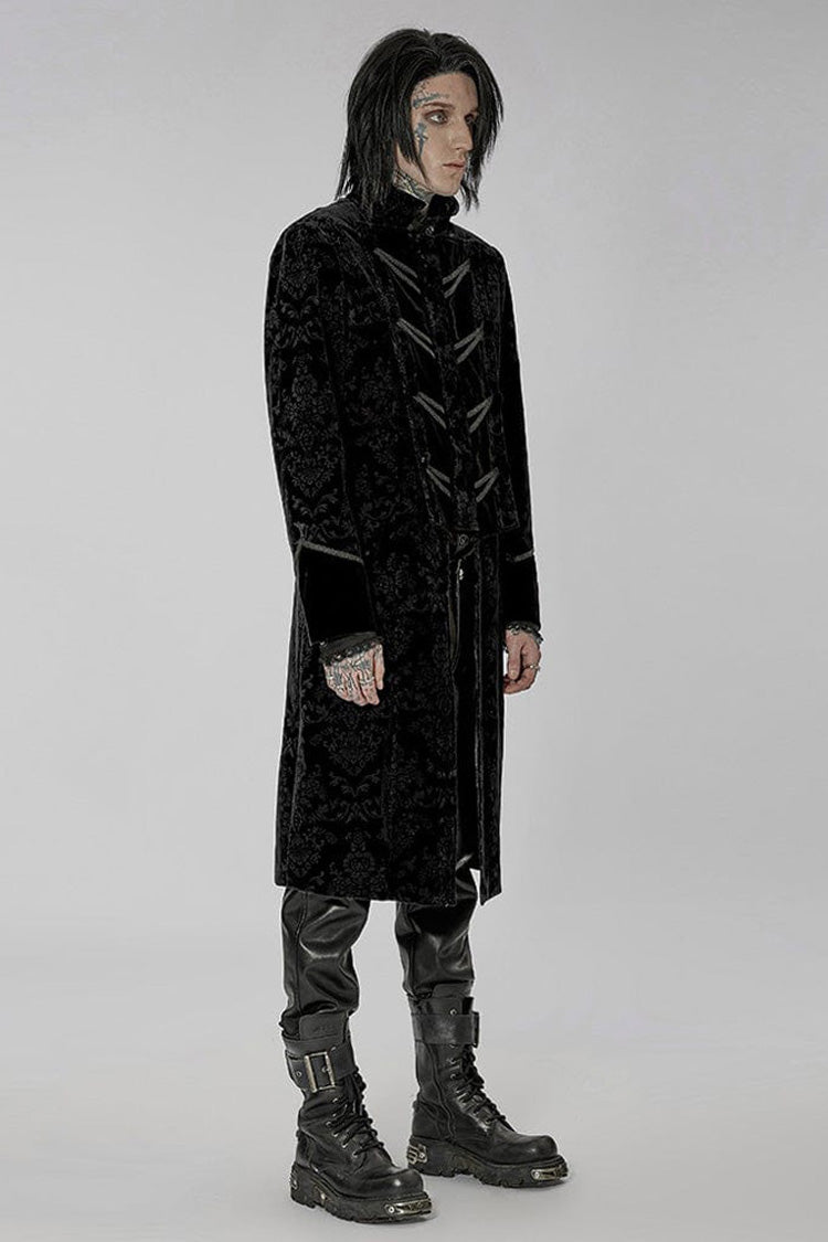 Black Punk Weft Velveteen Print Splicing Stand Collar Lacework Decorate Long Men's Coat - Product - 2