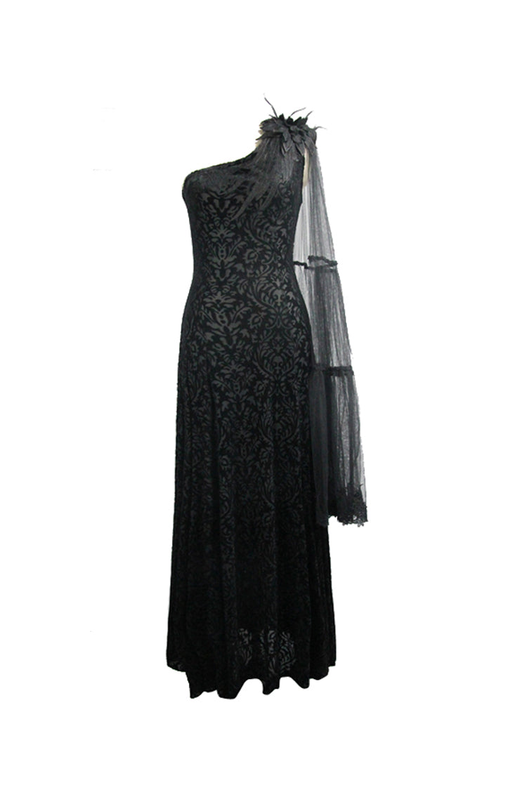 Black One Shoulder Mesh Shawl Feather Lace Decoration Velvet Long Women's Gothic Dress - Product - 6