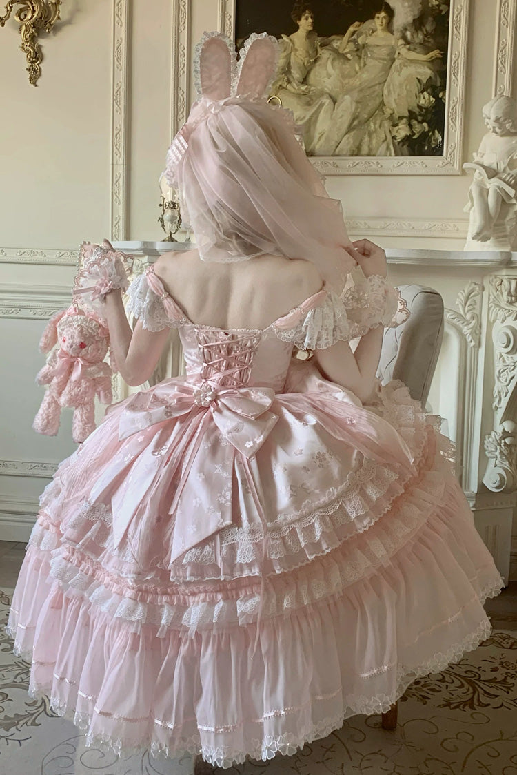 Pink [Sakura Bunny Ballad] Square Collar Flutter Sleeves Jacquard Ruffled Bow Lace Sweet Elegant Luxurious Long Lolita Jsk Dress - Product - 3