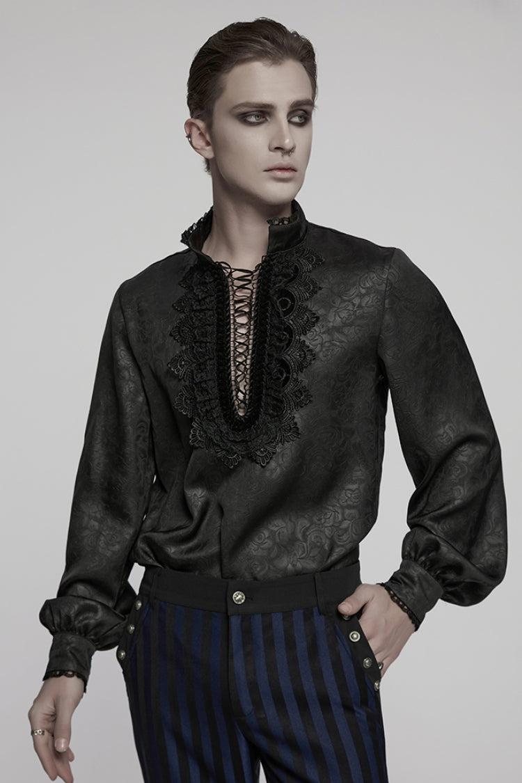 Black Stand Collar Long Sleeves Ruffle Embroidery Lace-Up Plunging Rose Men's Gothic Blouse - Black - 1