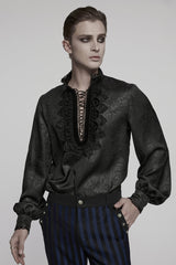 Black Stand Collar Long Sleeves Ruffle Embroidery Lace-Up Plunging Rose Men's Gothic Blouse - Black - 1