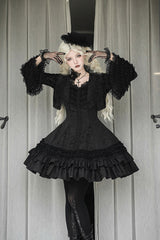 [Escape] Double-Layered Jacquard Striped Printed Ruffled Slim Gothic Lolita Jumper Dress 3 Colors - Black - 1
