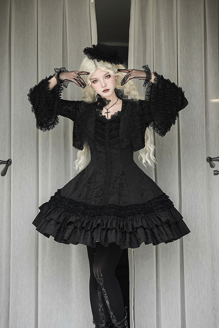 [Escape] Double-Layered Jacquard Striped Printed Ruffled Slim Gothic Lolita Jumper Dress 3 Colors - Black - 1