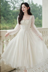 Ivory French Style Square Collar Long Sleeves Lace Classic Palace Lolita Dress - Ivory - 1