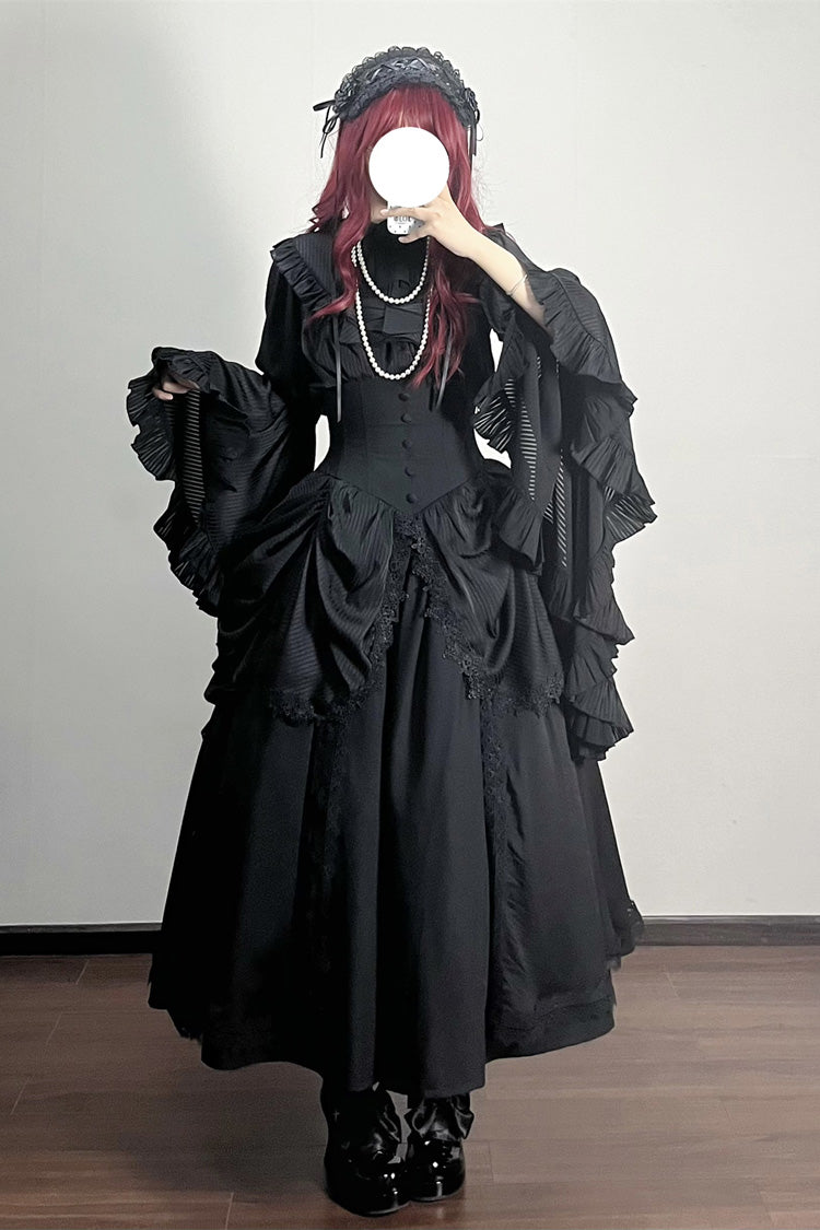Black [Sleepwalking] Long Hime Sleeves Stitching Lace Plus Size Gothic Elegant Lolita Skirt Set - Product - 4