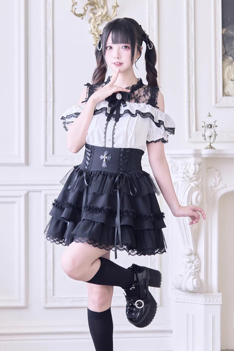 Sweet Off Shoulder Short Sleeves Hollow Bowknot Jirai Kei Japanese Blouse - Product - 3