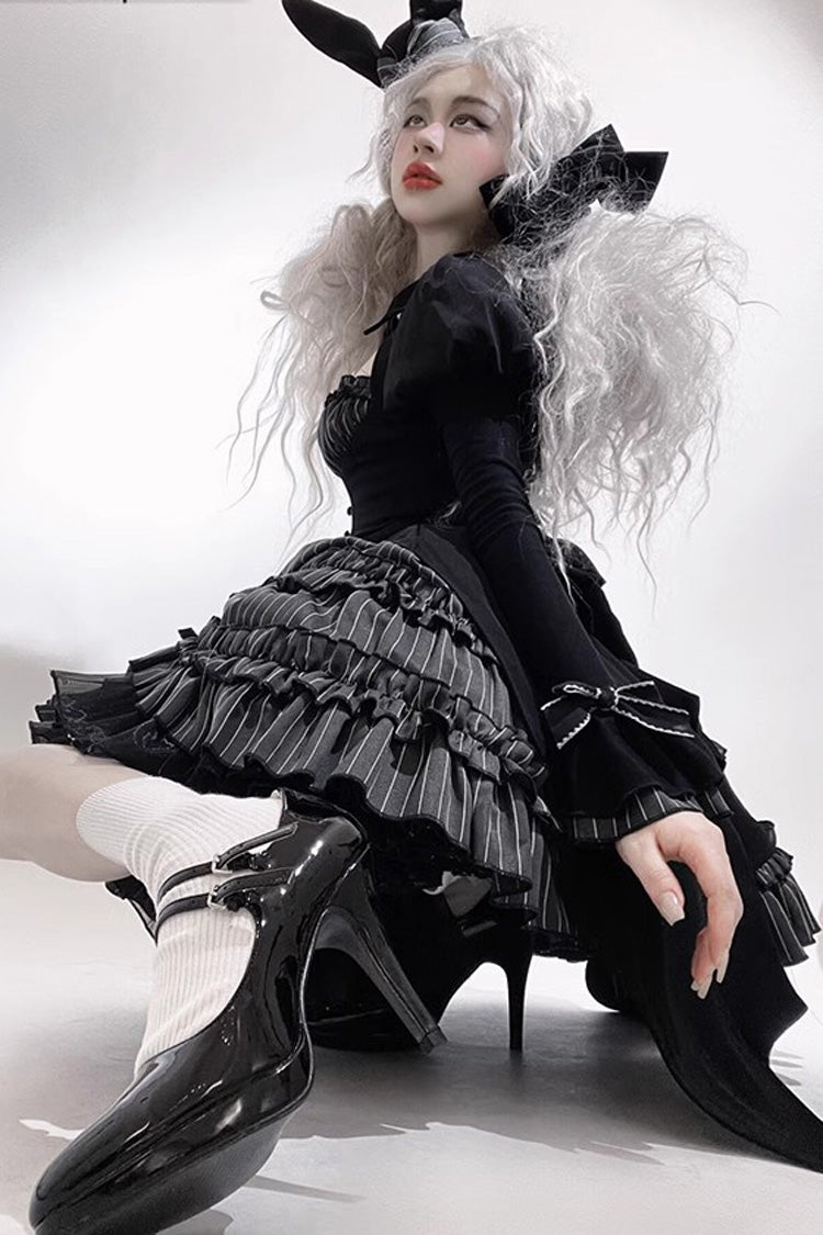 Black [Duke of the Trap Rabbit] Long Sleeves Stripe Print Ruffle Bowknot Lace Gothic Lolita Dress - Product - 6