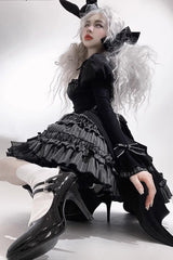 Black [Duke of the Trap Rabbit] Long Sleeves Stripe Print Ruffle Bowknot Lace Gothic Lolita Dress - Product - 6