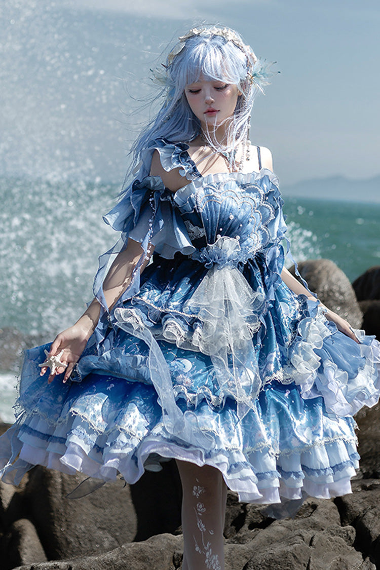 Blue [Jellyfish] Gradient Print Ruffle Embroidery Bowknot Lace Asymmetric Sweet Elegant Lolita Jsk Dress - Product - 14