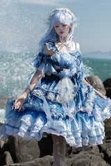 Blue [Jellyfish] Gradient Print Ruffle Embroidery Bowknot Lace Asymmetric Sweet Elegant Lolita Jsk Dress - Product - 14