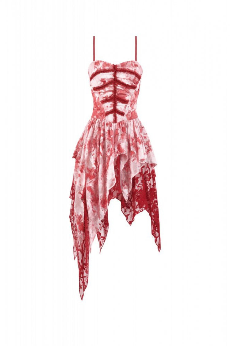Red/White Multi-Layered Asymmetric Tie-dyed Women's Gothic Slip Dress - Product - 3