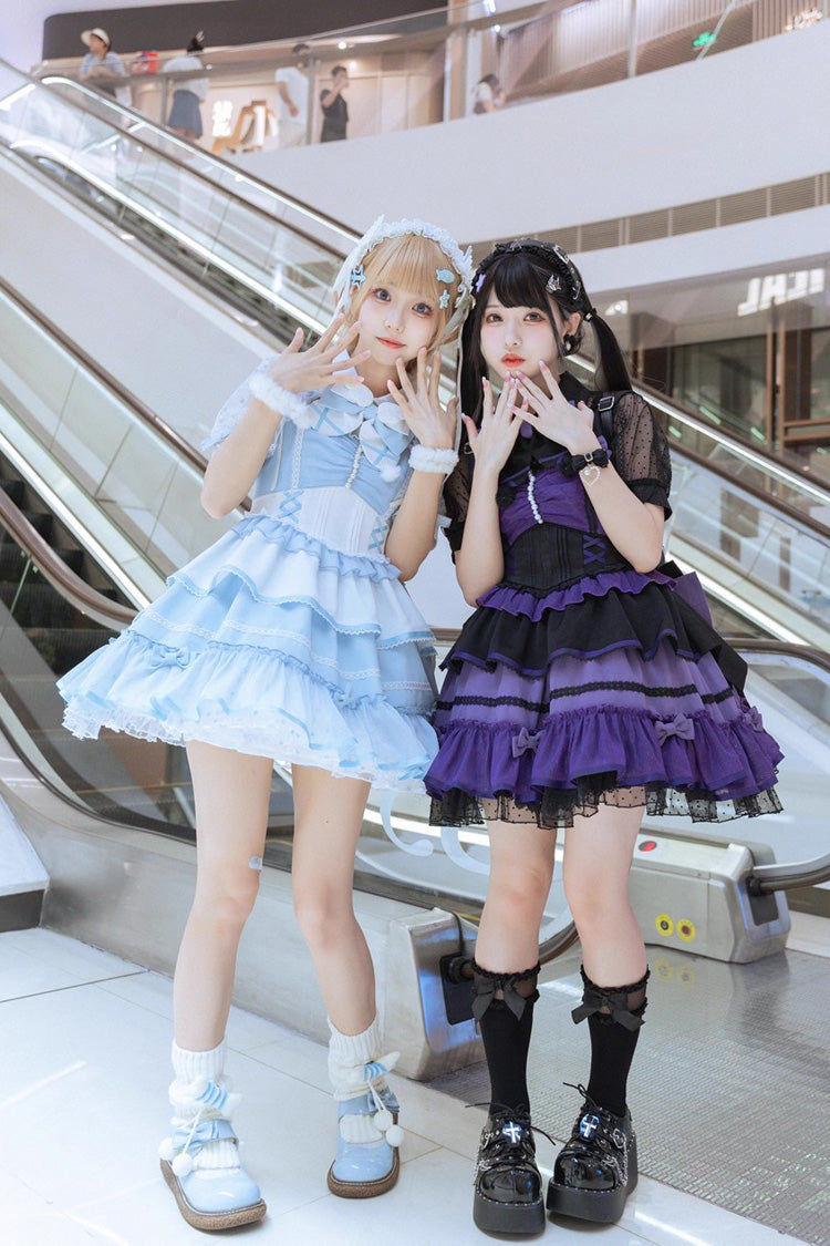 Black/Purple [Cotton Cloud] Lapel Collar Ruffle Bowknot Lace-Up Gothic Lolita Jsk Dress - Product - 9
