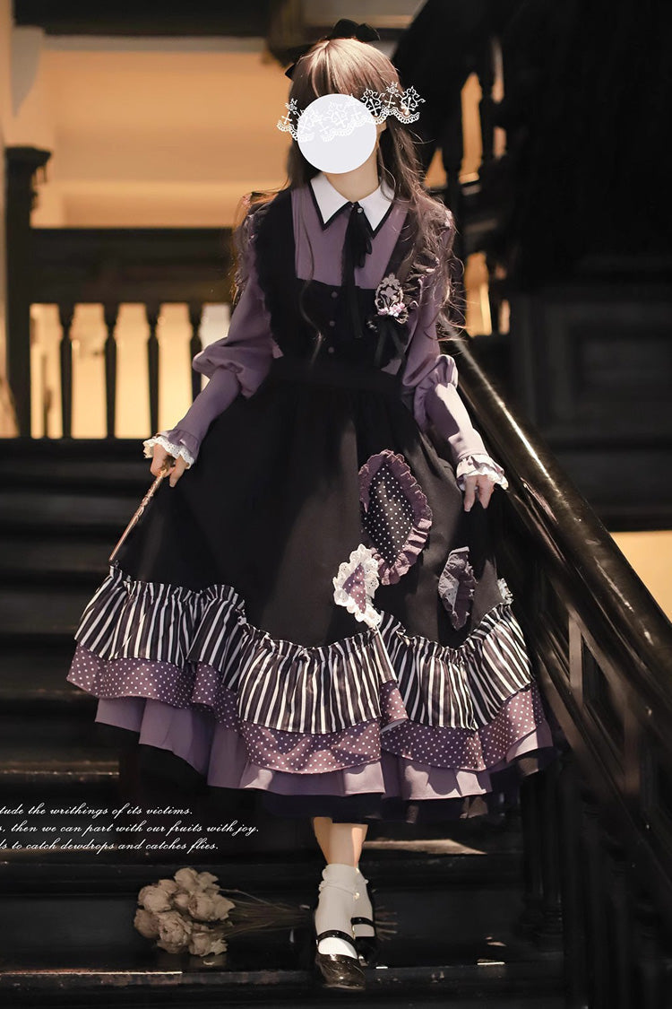 Black [Witch Academy] Double-Layered Stripe Print Ruffle Bowknot Irregular Sweet Lolita Jumper Dress - Product - 10