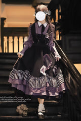 Black [Witch Academy] Double-Layered Stripe Print Ruffle Bowknot Irregular Sweet Lolita Jumper Dress - Product - 10