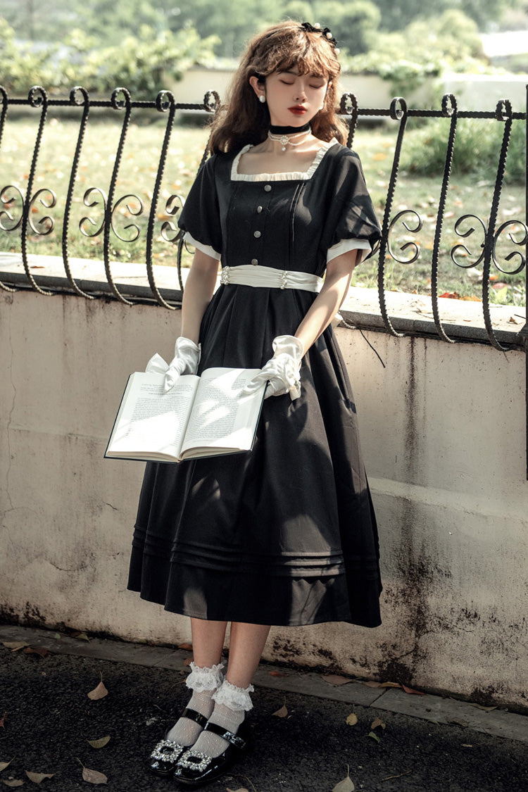 Black [Random Thoughts] Square Collar Short Sleeves Ruffle Classic Vintage Elegant Lolita Dress - Product - 10