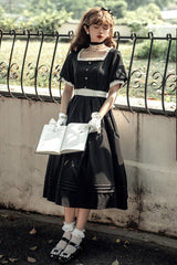 Black [Random Thoughts] Square Collar Short Sleeves Ruffle Classic Vintage Elegant Lolita Dress - Product - 10