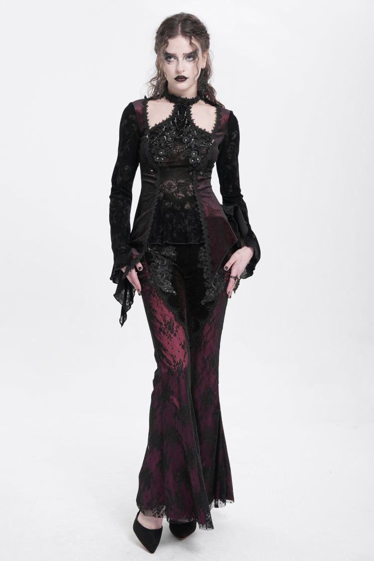 Red Floral Embroidery Stitching Lace Women's Gothic Pants - Product - 7