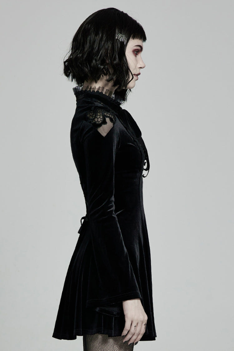 Black Long Trumpet Sleeves Hollow Lace-Up Women's Gothic Dress - Product - 2