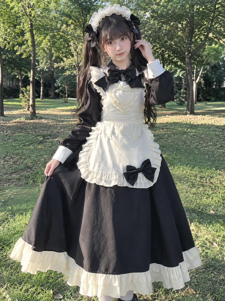 Black Cream Ruffled Maid Style Dress Vintage Lolita Long Sleeve Outfit - view 4