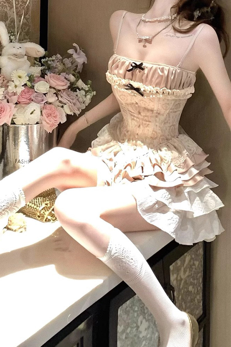 Apricot Multi-Layered Print Ruffle Embroidery Bowknot Sweet Vintage Lolita Skirt - Product - 2