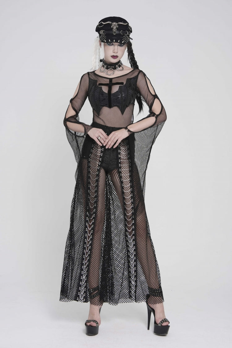 Black Spliced Mesh Studded Women's Punk Pants - Black - 1